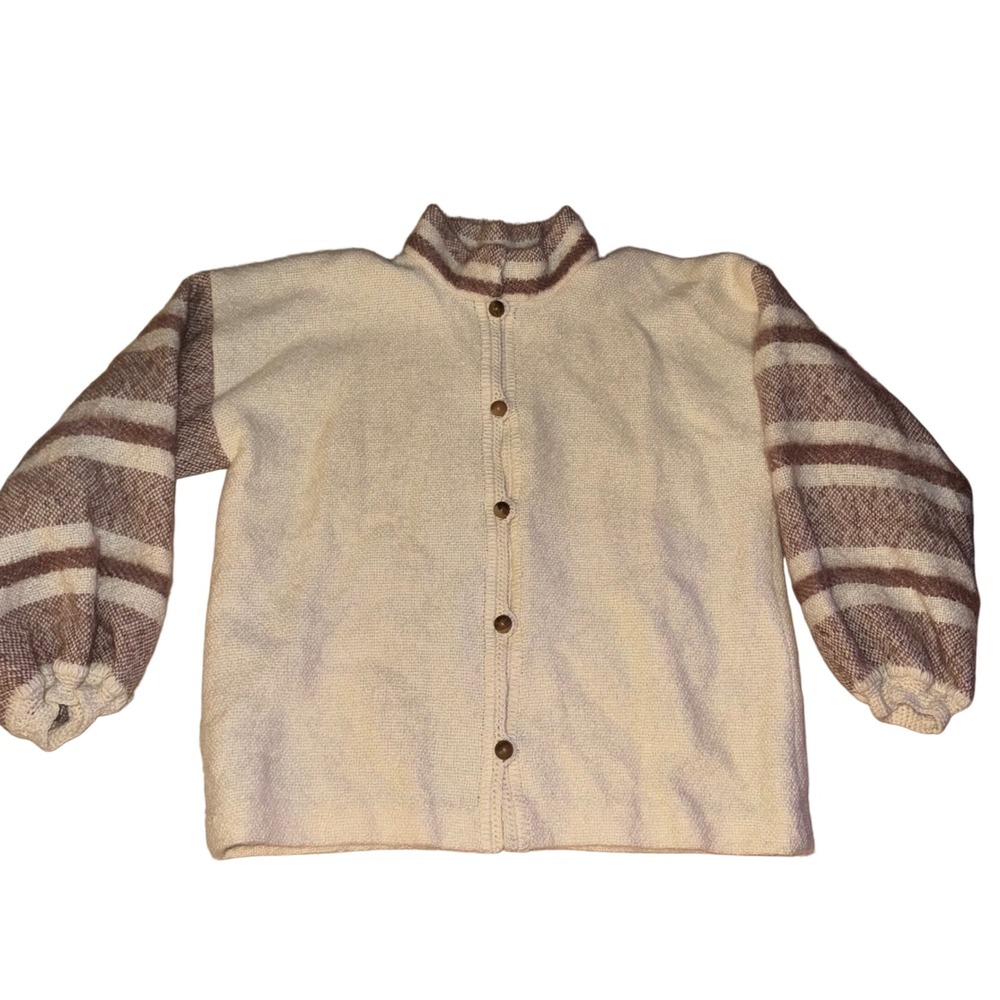 Cream Tan Striped Knit Cardigan Button Front Long Sleeve Cozy Women's‎